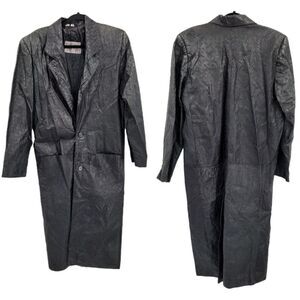 Vtg 80's Leather Trench Coat Rare Rocker Punk Tire Track Embossed Black Sz S